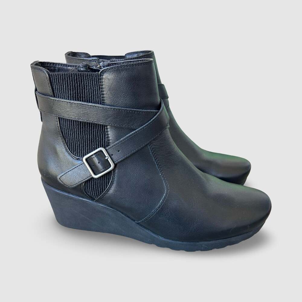 ABEO Wedge Ankle Boot Geranium Black Leather Women’s 9 Narrow Buckle Minimalist